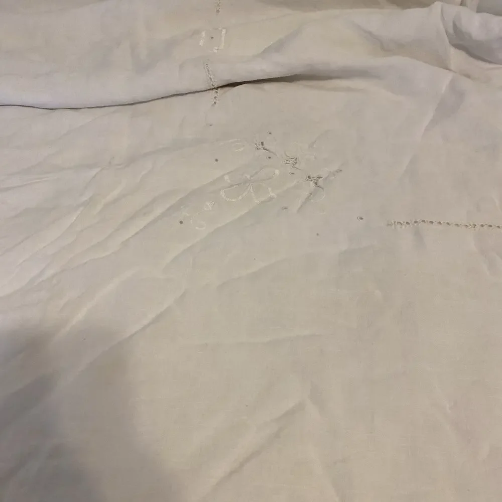 VTG Linen Tablecloth Embroidered Floral Rectangle 82x68” Light Romantic Cottage